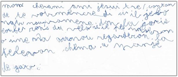 Lors du bilan graphomoteur : écriture dysgraphique associée à une dyslexie et une dyspraxie